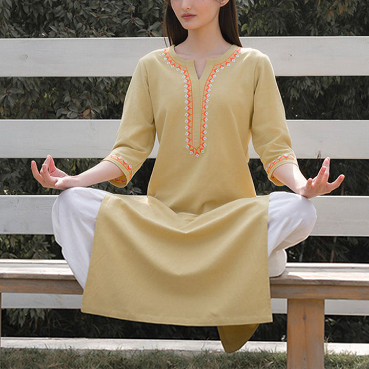 Buddha Stones 2Pcs V-neck Embroidery Yoga Clothing Zen Meditation Cotton Linen Top Pants Women's Set - Yellow Top&White Pants - US8-10，UK/AU12-14，EU40-42 (2XL) - image 13