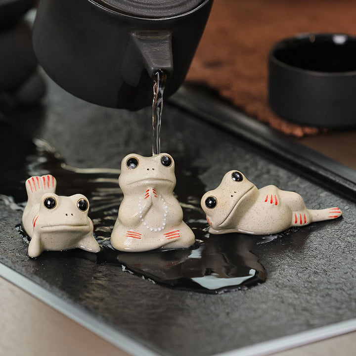 Buddha Stones Mini Small Praying Frog Ceramic Wealth Prosperity Home Tea Pet Figurine Decoration - 3Pcs Little Frog - image 0