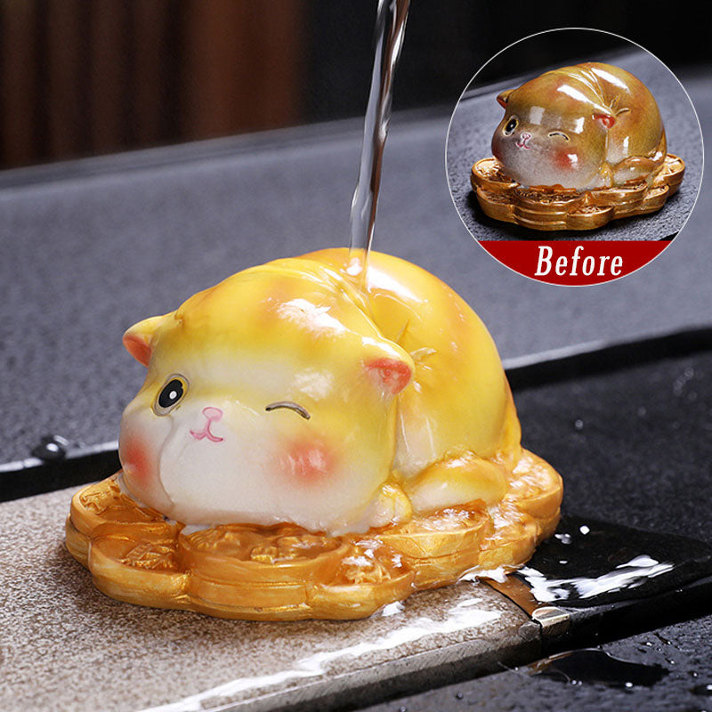 Buddha Stones Color Changing Cute Mini Cat Resin Tea Pet Wealth Home Figurine Decoration - Yellow Cat - 7.6*6.2*4.2cm - image 2
