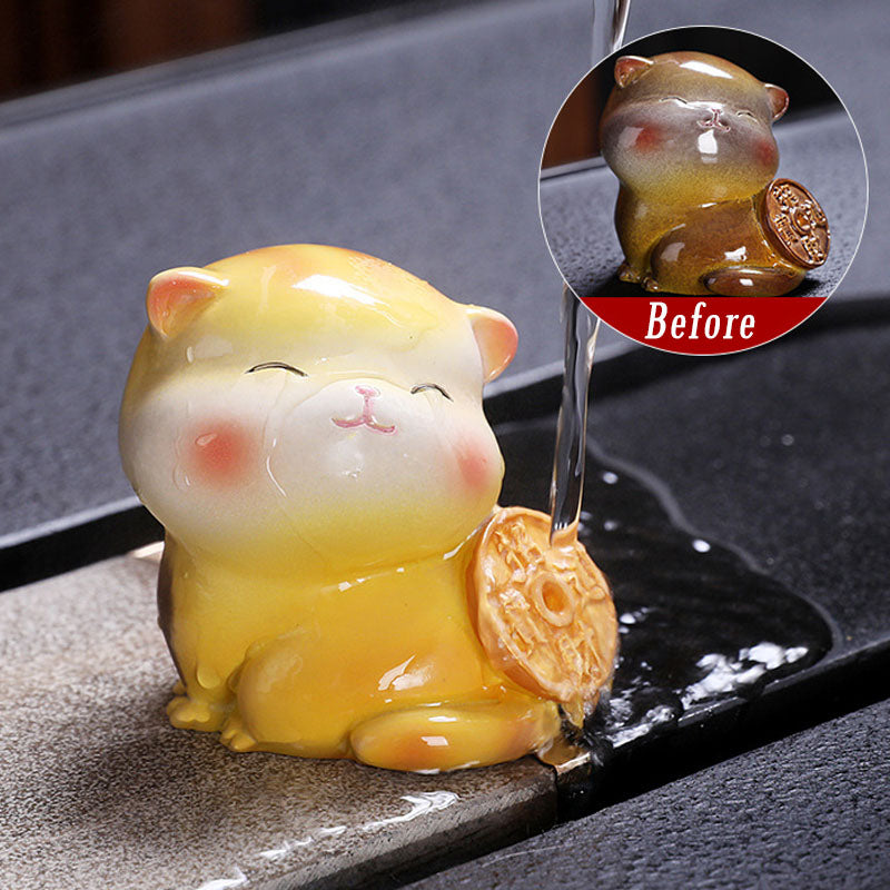 Buddha Stones Color Changing Cute Mini Cat Resin Tea Pet Wealth Home Figurine Decoration - Yellow Cat - 5.8*5*5.4cm - image 7
