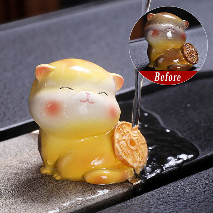 Buddha Stones Color Changing Cute Mini Cat Resin Tea Pet Wealth Home Figurine Decoration - Yellow Cat - 5.8*5*5.4cm - image 7