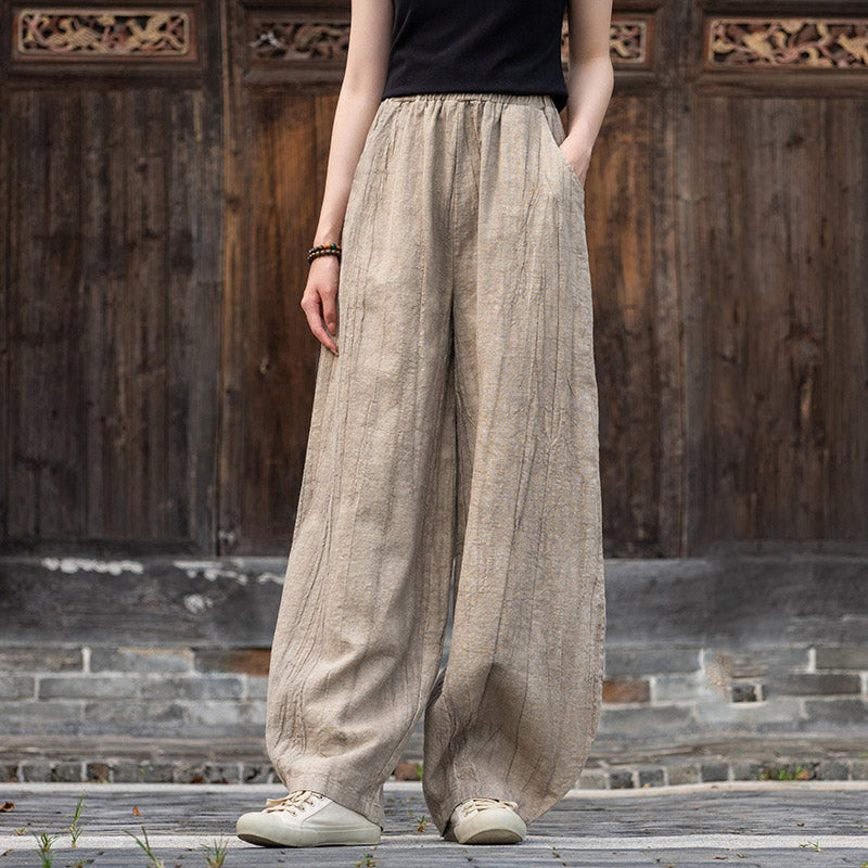 Buddha Stones Ramie Cotton Linen Pants Tie-dye Design Trousers Loose Zen Yoga Women's Pants with Pockets - Khaki(Fleece Lined) - US8-10，UK/AU12-14，EU40-42 (L)  - image 8