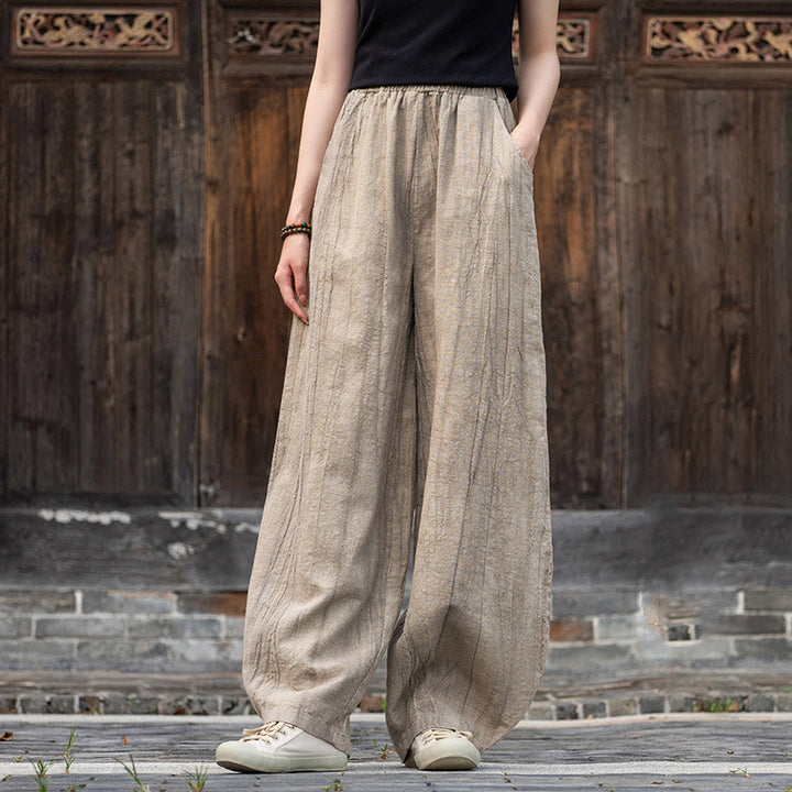 Buddha Stones Ramie Cotton Linen Pants Tie-dye Design Trousers Loose Zen Yoga Women's Pants with Pockets - Khaki(Fleece Lined) - US8-10，UK/AU12-14，EU40-42 (L)  - image 8