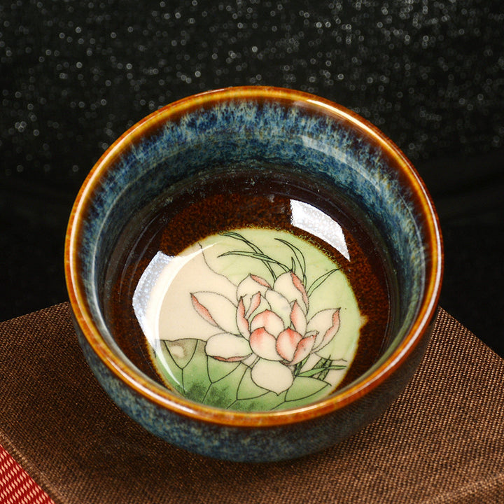 Buddha Stones Lotus Dragon Phoenix Koi Fish Chinese Jianzhan Ceramic Teacup Kung Fu Tea Cup 110ml - Blue - Lotus 8cm*4.3cm*110ml - image 0