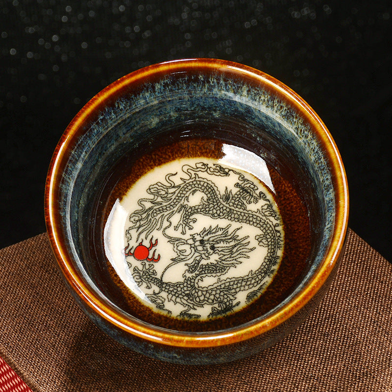 Buddha Stones Lotus Dragon Phoenix Koi Fish Chinese Jianzhan Ceramic Teacup Kung Fu Tea Cup 110ml - Blue - Dragon 8cm*4.3cm*110ml - image 4
