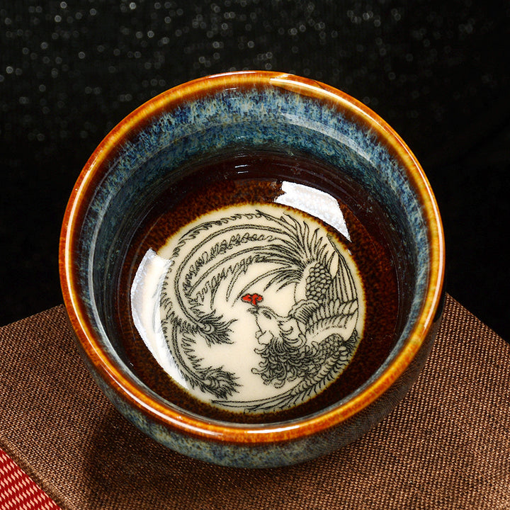 Buddha Stones Lotus Dragon Phoenix Koi Fish Chinese Jianzhan Ceramic Teacup Kung Fu Tea Cup 110ml - Blue - Phoenix 8cm*4.3cm*110ml - image 5