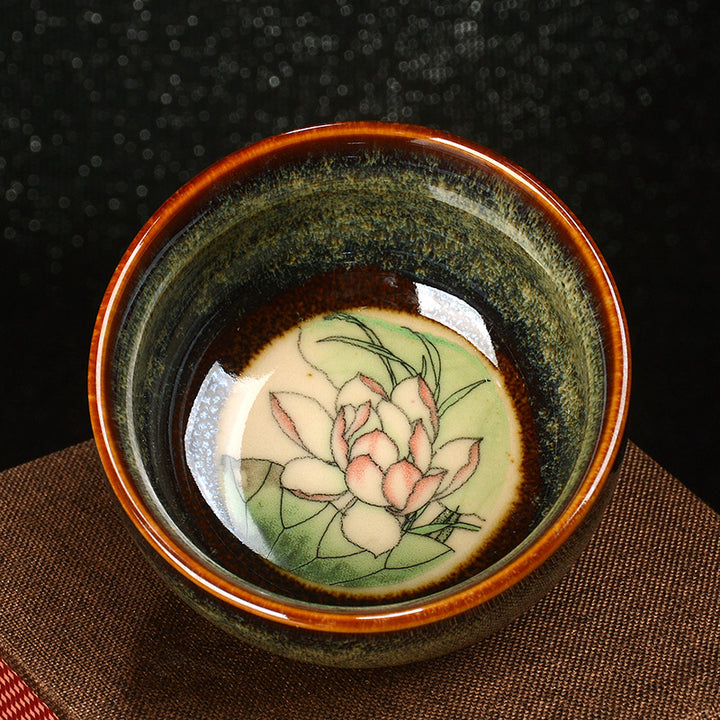 Buddha Stones Lotus Dragon Phoenix Koi Fish Chinese Jianzhan Ceramic Teacup Kung Fu Tea Cup 110ml - Green - Lotus 8cm*4.3cm*110ml - image 8