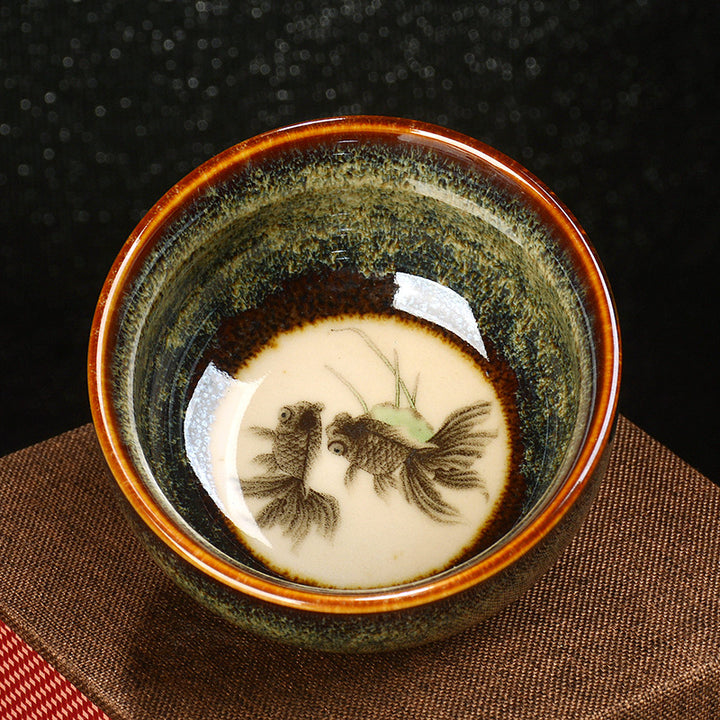 Buddha Stones Lotus Dragon Phoenix Koi Fish Chinese Jianzhan Ceramic Teacup Kung Fu Tea Cup 110ml - Green - Koi Fish 8cm*4.3cm*110ml - image 15