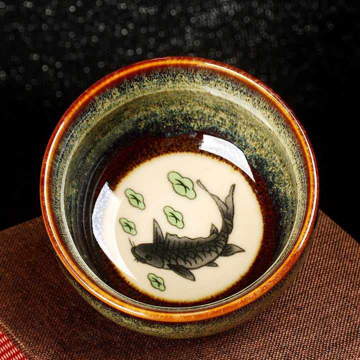 Buddha Stones Lotus Dragon Phoenix Koi Fish Chinese Jianzhan Ceramic Teacup Kung Fu Tea Cup 110ml - Green - Fish 8cm*4.3cm*110ml - image 16
