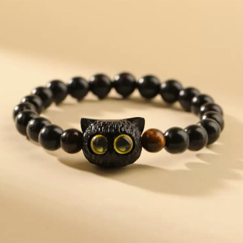 Buddha Stones Cute Ebony Wood Cat Head Pattern Peace Bracelet - image 1
