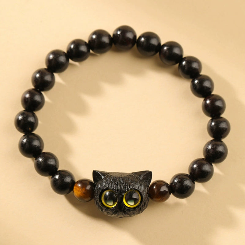 Buddha Stones Cute Ebony Wood Cat Head Pattern Peace Bracelet - Ebony Cat Tiger Eye(Wrist Circumference 14-16cm) - image 0