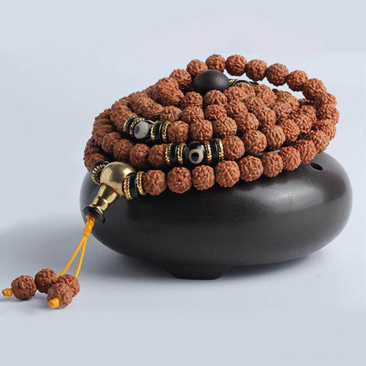 Buddha Stones 108 Mala Beads Rudraksha Bodhi Seed Dzi Bead Luck Wealth Bracelet - image 1