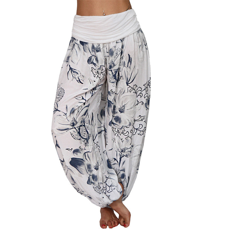 Buddha Stones Flower Leaves Pattern Loose Harem Trousers Women's Yoga Pants - White - US20，UK/AU24，EU52 (5XL) - image 4
