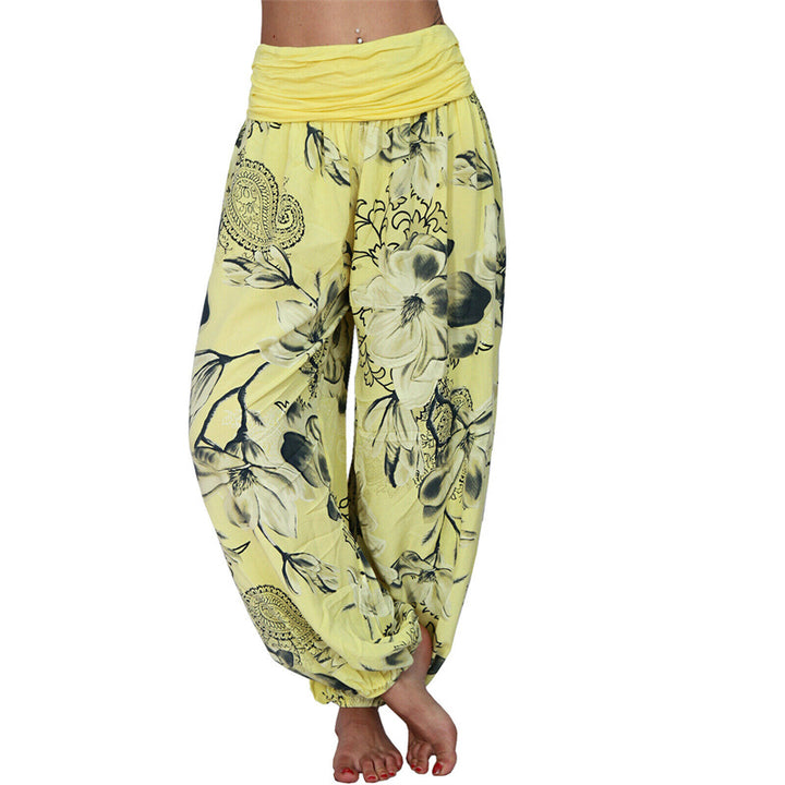 Buddha Stones Flower Leaves Pattern Loose Harem Trousers Women's Yoga Pants - Yellow - US20，UK/AU24，EU52 (5XL) - image 10