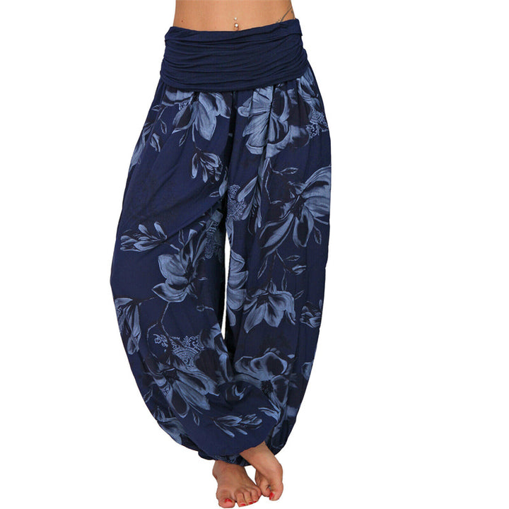 Buddha Stones Flower Leaves Pattern Loose Harem Trousers Women's Yoga Pants - Navy Blue - US20，UK/AU24，EU52 (5XL) - image 25