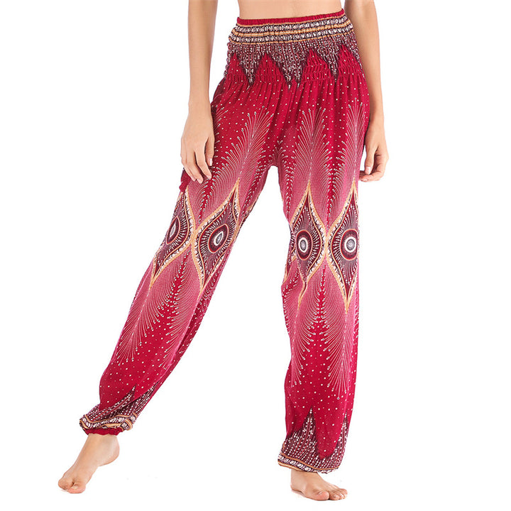 Buddha Stones Small Eye Peacock Feathers Pattern Loose Smocked Harem Trousers High Waist Women's Yoga Pants - Red-US2-8/10，UK/AU6-12/14，EU34-40/42 (F) - image 0