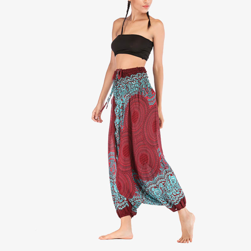 Buddha Stones Two Style Wear Round Geometric Pattern Loose Smocked Harem Trousers Jumpsuit High Waist Women's Yoga Pants - image 4