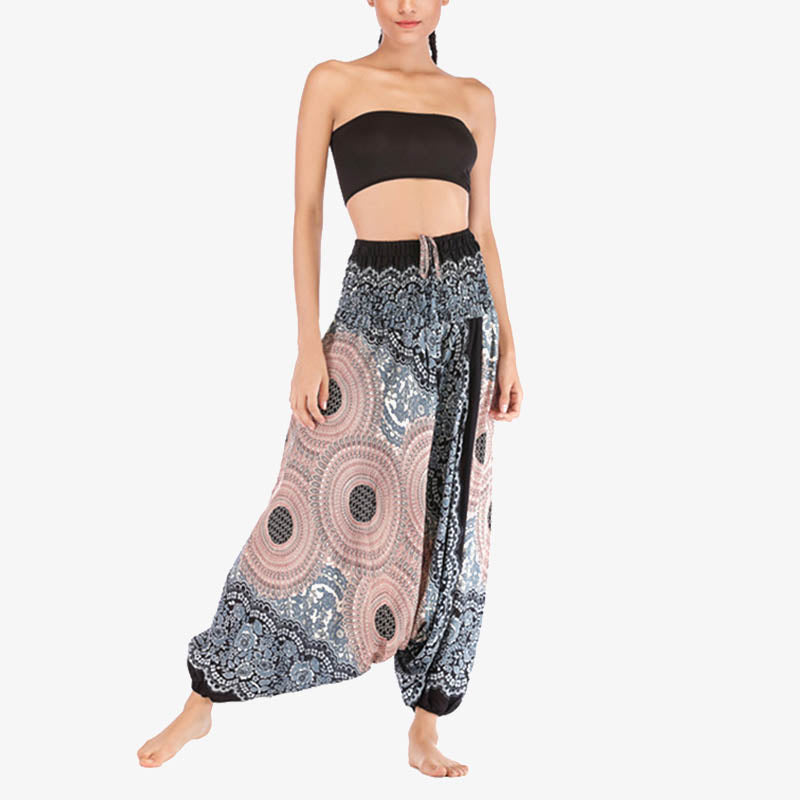 Buddha Stones Two Style Wear Round Geometric Pattern Loose Smocked Harem Trousers Jumpsuit High Waist Women's Yoga Pants - image 29