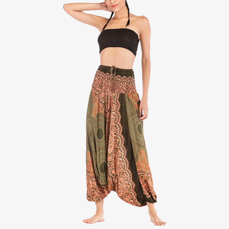 Buddha Stones Two Style Wear Round Geometric Pattern Loose Smocked Harem Trousers Jumpsuit High Waist Women's Yoga Pants - image 39
