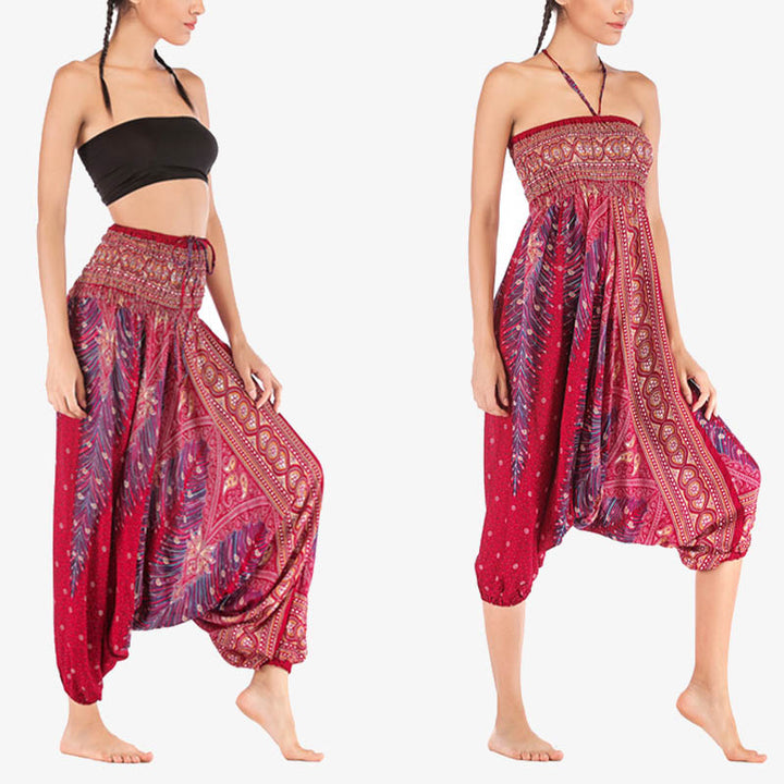 Buddha Stones Two Style Wear Feathers Geometric Pattern Loose Smocked Trousers Jumpsuit Women's Yoga Pants - Wine Red Peacock - US2-12，UK/AU6-16，EU34-44 (F) - image 0