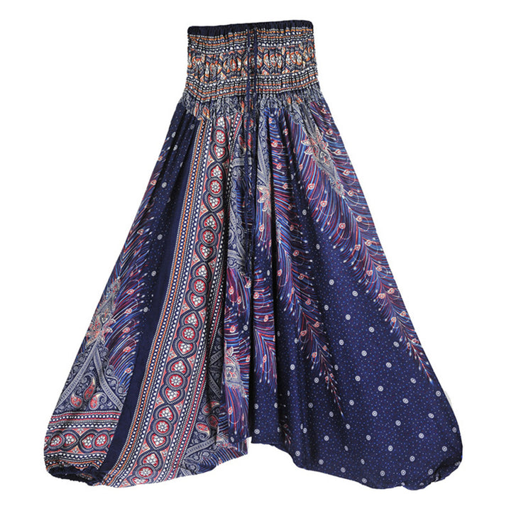 Buddha Stones Two Style Wear Feathers Geometric Pattern Loose Smocked Trousers Jumpsuit Women's Yoga Pants - Blue Purple Peacock - US2-12，UK/AU6-16，EU34-44 (F) - image 36