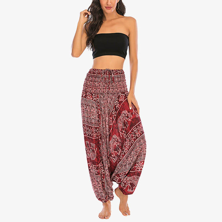 Buddha Stones Two Style Wear Elephant Pattern Loose Smocked Harem Trousers Jumpsuit Women's Yoga Pants - image 5