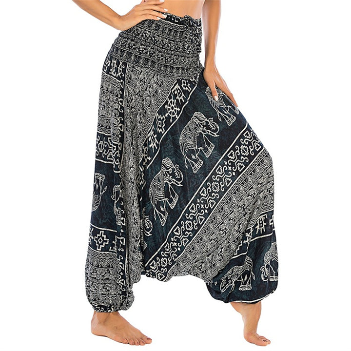 Buddha Stones Two Style Wear Elephant Pattern Loose Smocked Harem Trousers Jumpsuit Women's Yoga Pants - Black Elephant - US2-12，UK/AU6-16，EU34-44 (F) - image 21