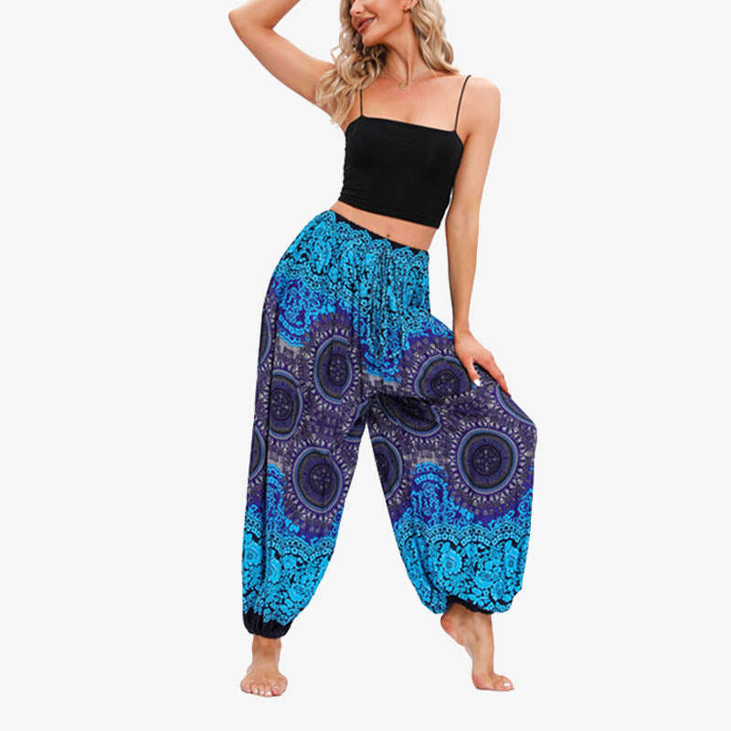 Buddha Stones Round Geometric Flower Floral Loose Harem Trousers Women's Yoga Pants - Royal Blue - US2-12，UK/AU6-16，EU34-44 (F) - image 4