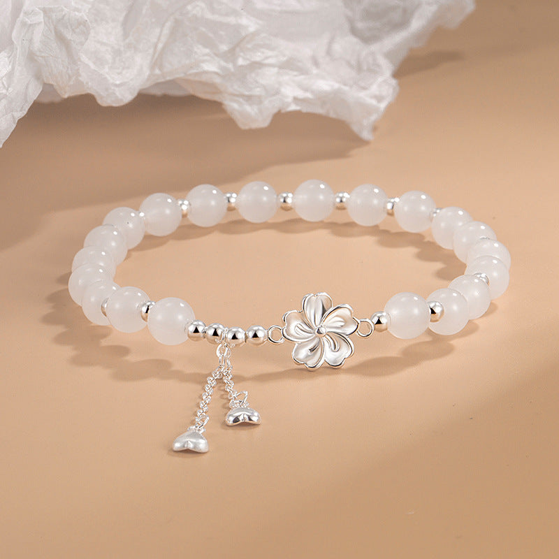 Buddha Stones White Jade Peach Blossom Petals Flower Luck Bracelet - White Jade(Protection♥Happiness)(Wrist Circumference 14-16cm) - image 0
