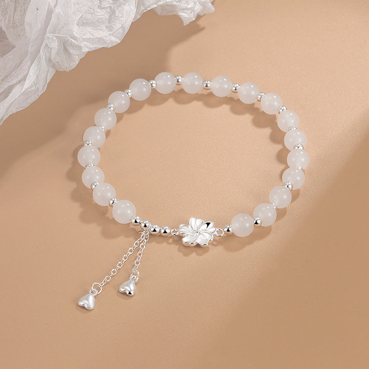 Buddha Stones White Jade Peach Blossom Petals Flower Luck Bracelet - image 1