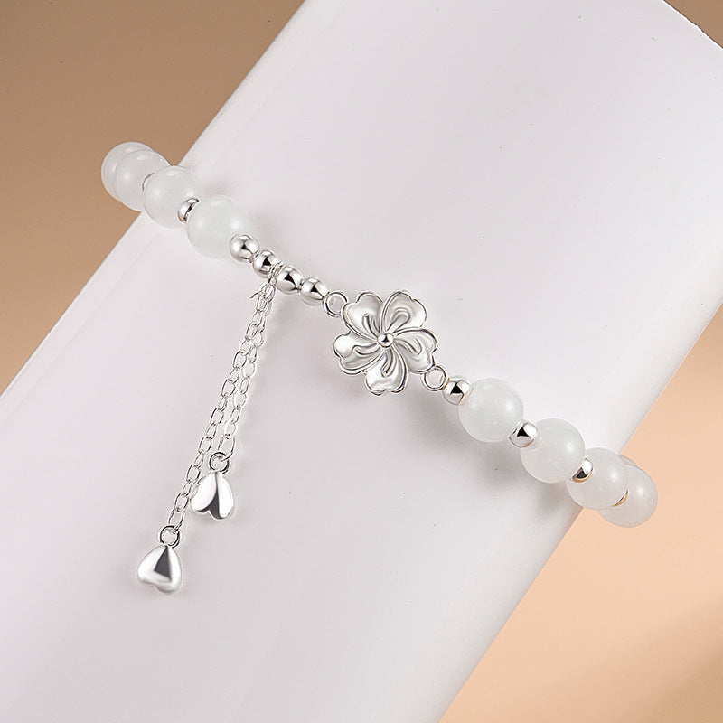 Buddha Stones White Jade Peach Blossom Petals Flower Luck Bracelet - image 4