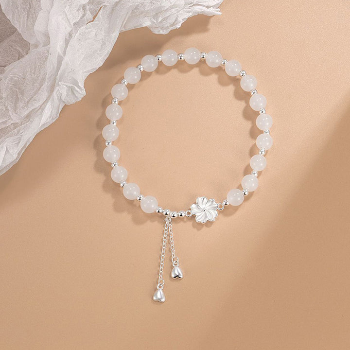 Buddha Stones White Jade Peach Blossom Petals Flower Luck Bracelet - image 2
