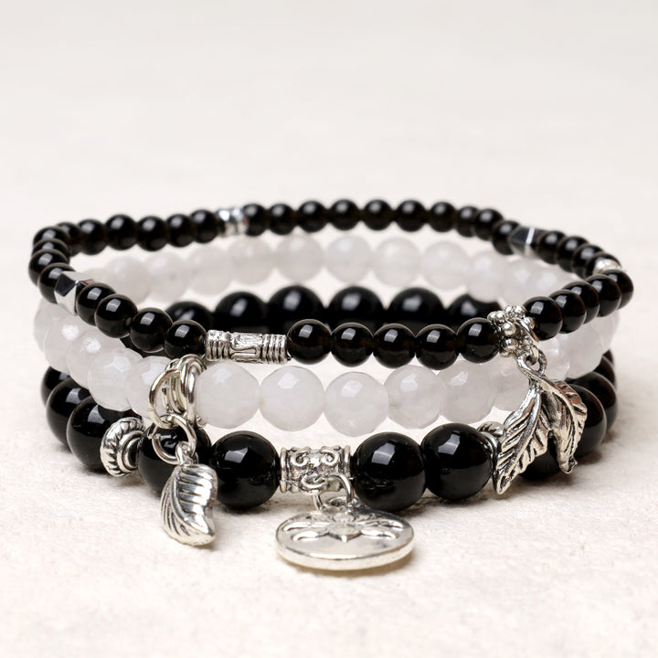 Buddha Stones 3PCS Natural Quartz Crystal Beaded Healing Energy Lotus Bracelet - Black Obsidian - image 7