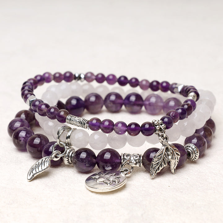 Buddha Stones 3PCS Natural Quartz Crystal Beaded Healing Energy Lotus Bracelet - Amethyst - image 0