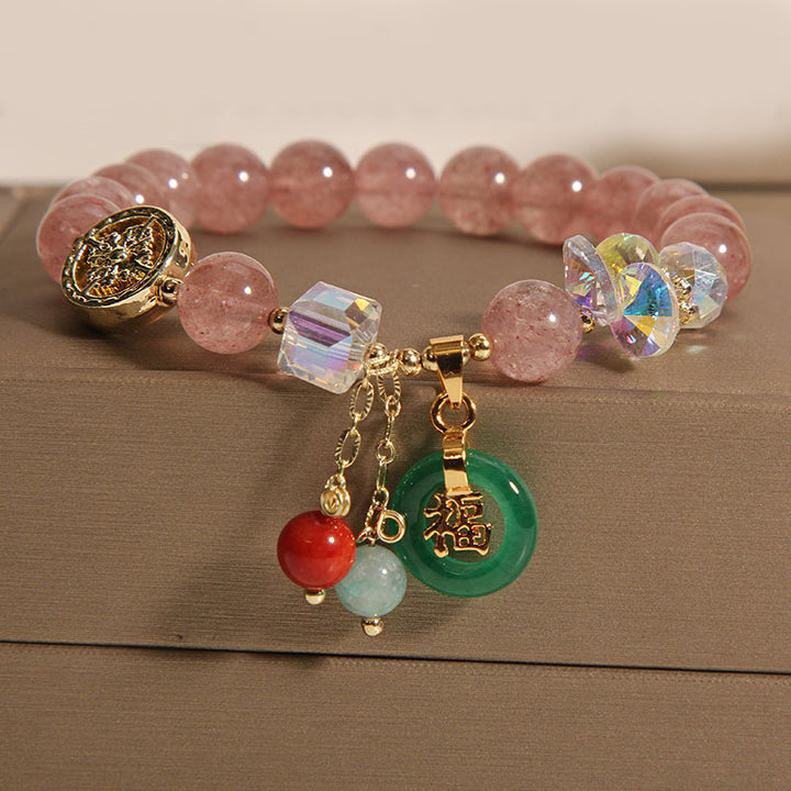 Buddha Stones Strawberry Quartz Jade Fu Character Charm Healing Bracelet - Strawberry Quartz(Wrist Circumference 14-16cm) - image 0