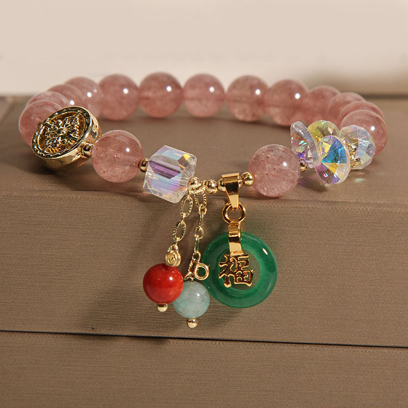 Buddha Stones Strawberry Quartz Jade Fu Character Charm Healing Bracelet - image 4