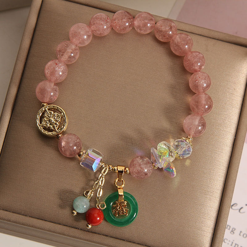 Buddha Stones Strawberry Quartz Jade Fu Character Charm Healing Bracelet - image 1