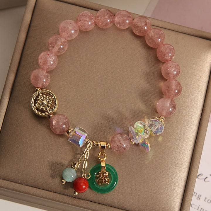 Buddha Stones Strawberry Quartz Jade Fu Character Charm Healing Bracelet - image 4