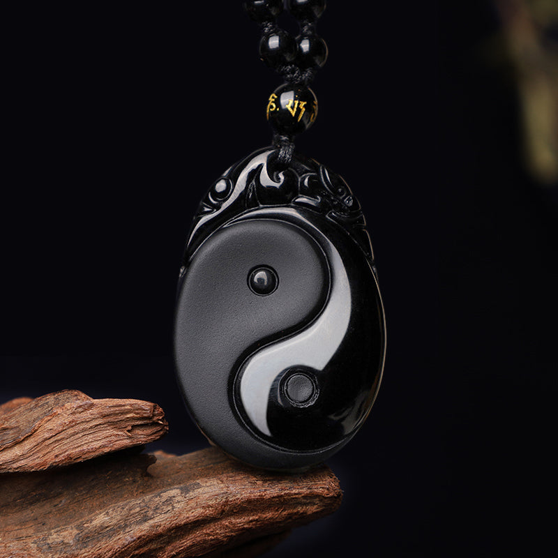 Buddha Stones Natural Black Obsidian Yin Yang Fulfilment Strength Necklace Pendant - Black Obsidian(Purification♥Transformation) - image 0
