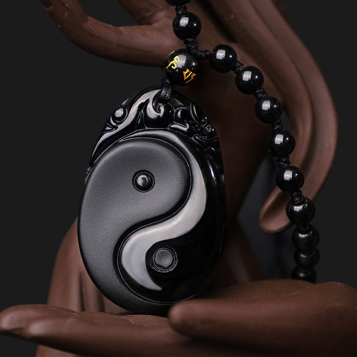 Buddha Stones Natural Black Obsidian Yin Yang Fulfilment Strength Necklace Pendant - image 4