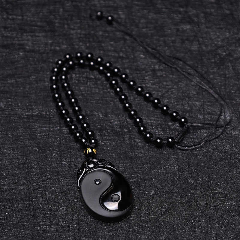 Buddha Stones Natural Black Obsidian Yin Yang Fulfilment Strength Necklace Pendant - image 6