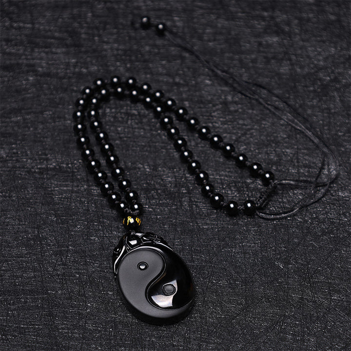 Buddha Stones Natural Black Obsidian Yin Yang Fulfilment Strength Necklace Pendant - image 6