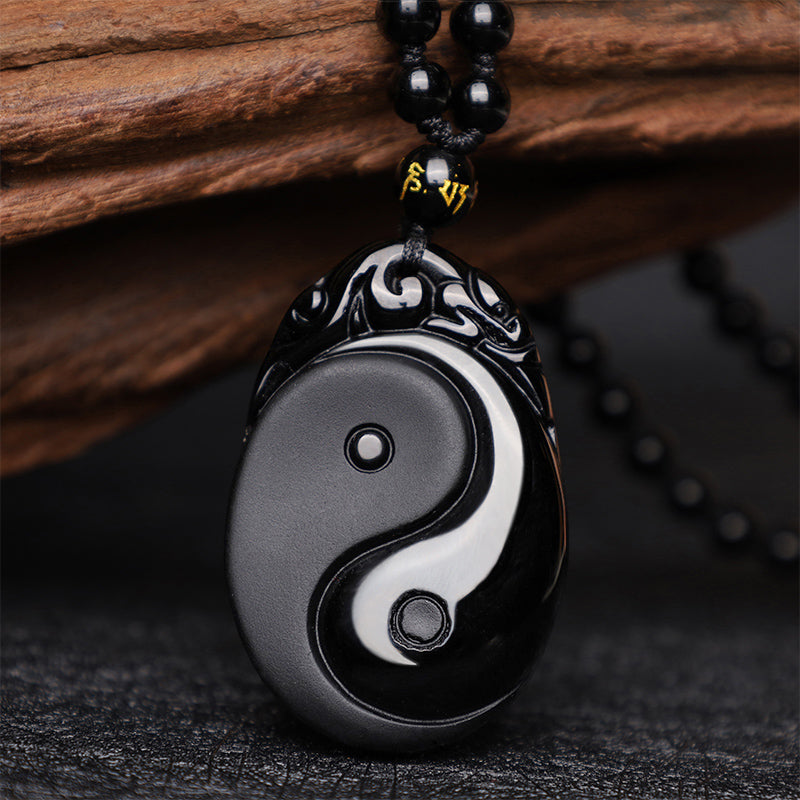 Buddha Stones Natural Black Obsidian Yin Yang Fulfilment Strength Necklace Pendant - image 1