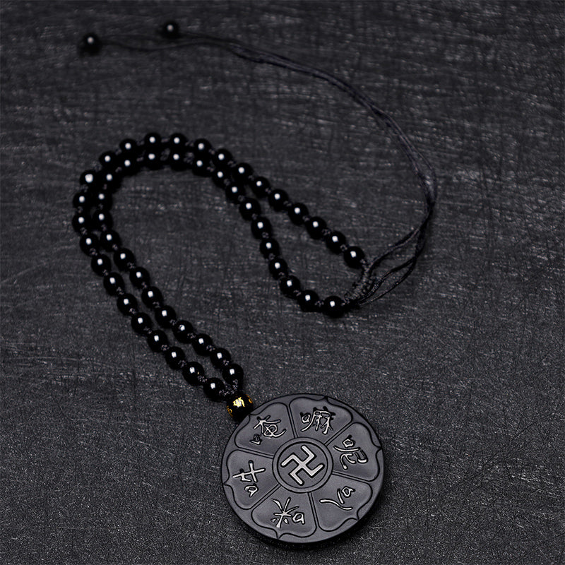 Buddha Stones Natural Black Obsidian Tibetan Om Mani Padme Hum Buddha Swastika Luck Necklace Pendant - image 6