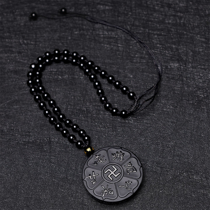 Buddha Stones Natural Black Obsidian Tibetan Om Mani Padme Hum Buddha Swastika Luck Necklace Pendant - image 6