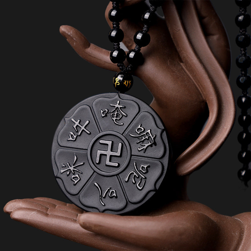 Buddha Stones Natural Black Obsidian Tibetan Om Mani Padme Hum Buddha Swastika Luck Necklace Pendant - image 2