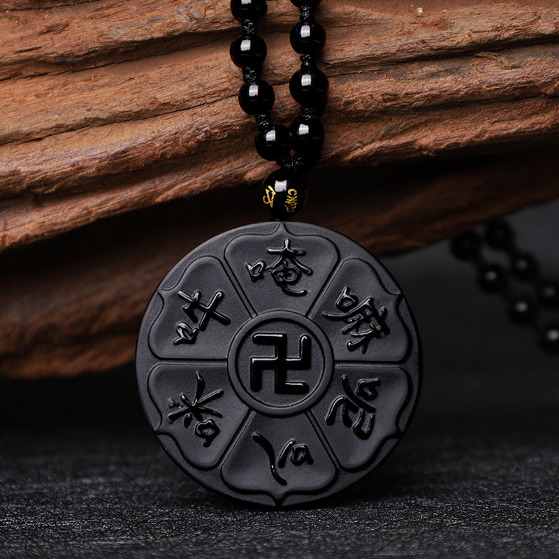 Buddha Stones Natural Black Obsidian Tibetan Om Mani Padme Hum Buddha Swastika Luck Necklace Pendant - image 5