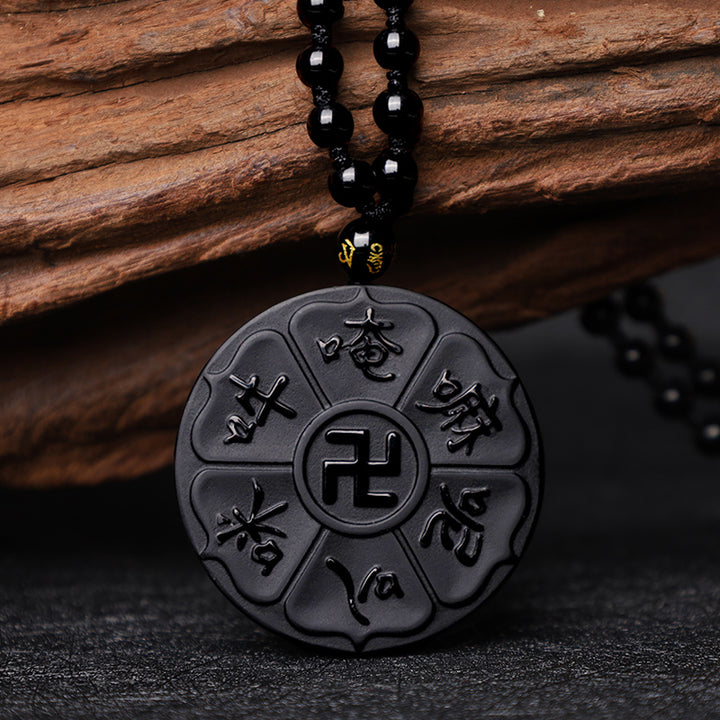 Buddha Stones Natural Black Obsidian Tibetan Om Mani Padme Hum Buddha Swastika Luck Necklace Pendant - image 5
