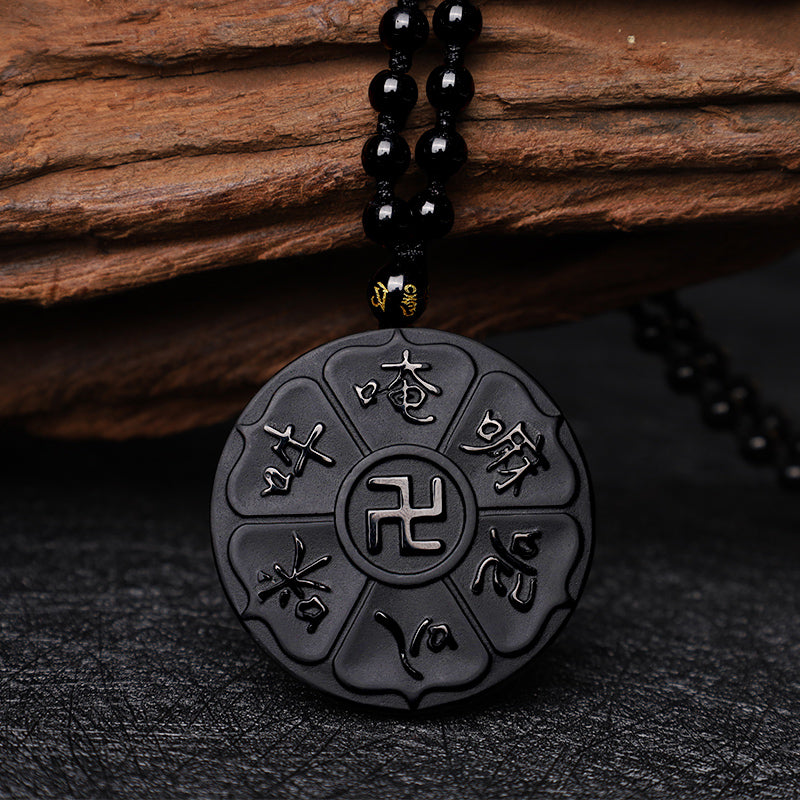 Buddha Stones Natural Black Obsidian Tibetan Om Mani Padme Hum Buddha Swastika Luck Necklace Pendant - image 4