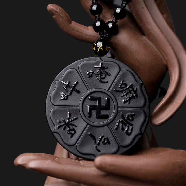 Buddha Stones Natural Black Obsidian Tibetan Om Mani Padme Hum Buddha Swastika Luck Necklace Pendant - image 3